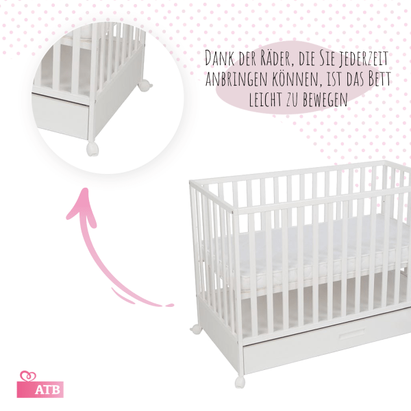 Multifunktionales Babybett 120 × 60 mit Schublade und Rädern LUX